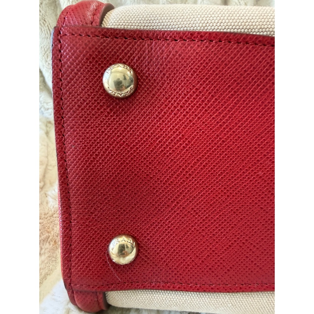 Prada Milano Red Saffiano Leather and Beige Canvas Tote Bag Handbag - Picture 10 of 15